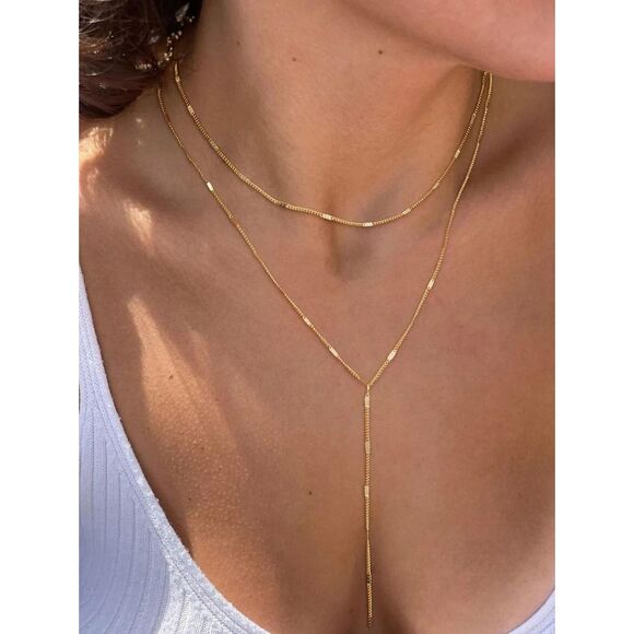 14K Gold Plated Double Layered Chain Necklace Y-Drop Choker Stacked Dainty New - Picture 3 of 5